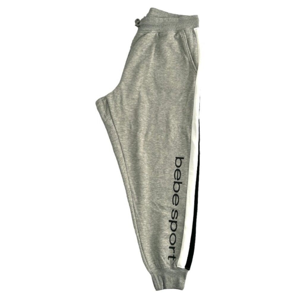 bebe Women's Sport Fleece Drawstring Waist Jogger Sweatpants Gray/Black/White - Picture 6 of 9